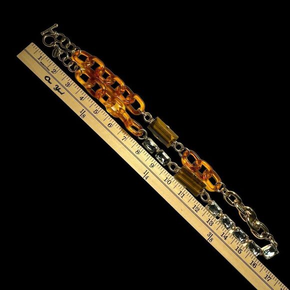 Ann Taylor Chunky Gold Tone Faux Tortoise Acrylic Tiger Eye Rhinestone Necklace - Picture 6 of 7